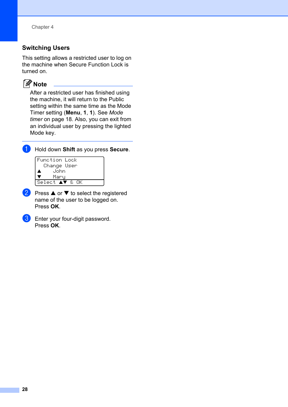 Switching users | Brother MFC-8660DN User Manual | Page 42 / 196