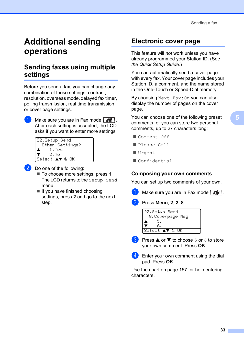 Additional sending operations, Sending faxes using multiple settings, Composing your own comments | Electronic cover page | Brother MFC-8660DN User Manual | Page 47 / 196