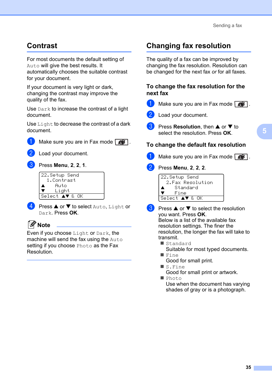 Contrast, Changing fax resolution, To change the fax resolution for the next fax | To change the default fax resolution, Contrast changing fax resolution, 5contrast | Brother MFC-8660DN User Manual | Page 49 / 196