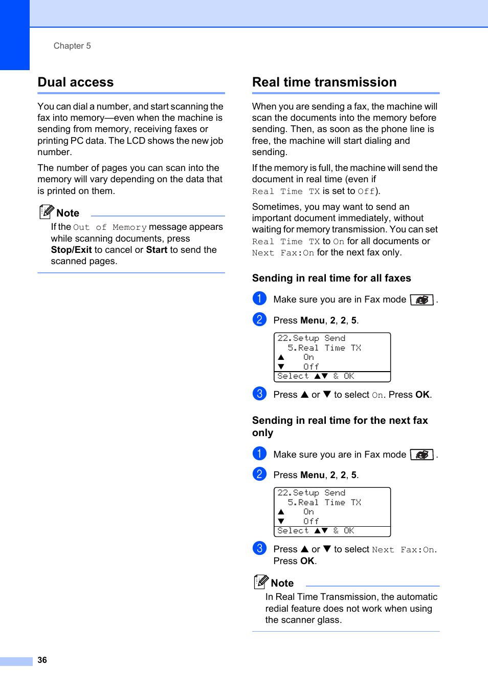 Dual access, Real time transmission, Sending in real time for all faxes | Sending in real time for the next fax only, Dual access real time transmission | Brother MFC-8660DN User Manual | Page 50 / 196