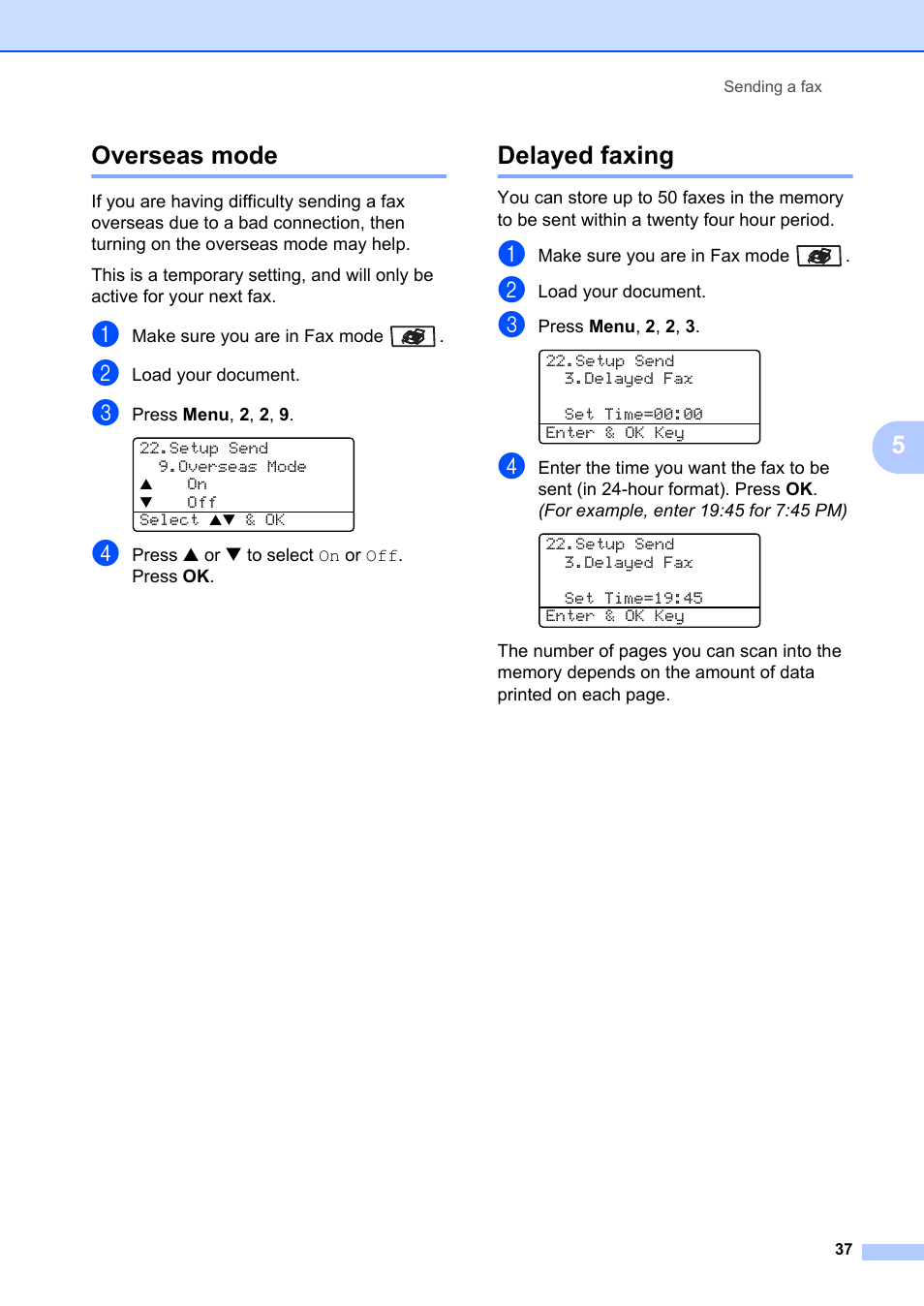 Overseas mode, Delayed faxing, Overseas mode delayed faxing | 5overseas mode | Brother MFC-8660DN User Manual | Page 51 / 196