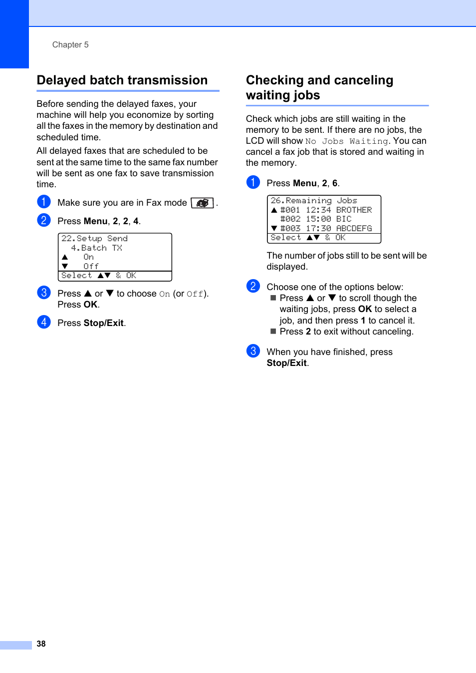 Delayed batch transmission, Checking and canceling waiting jobs | Brother MFC-8660DN User Manual | Page 52 / 196