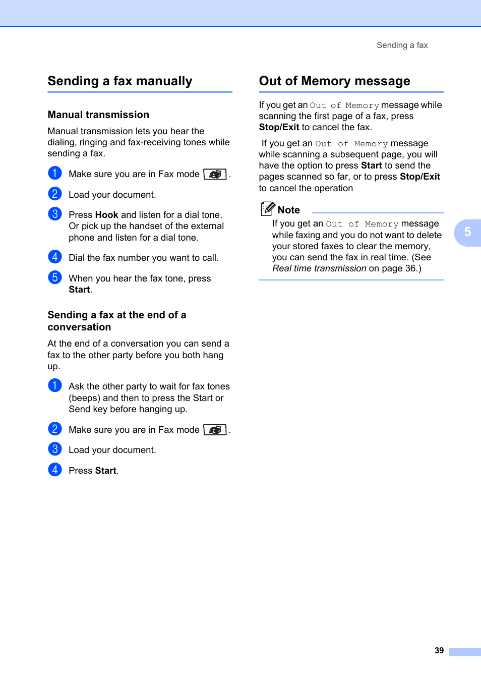 Sending a fax manually, Manual transmission, Sending a fax at the end of a conversation | Out of memory message, Sending a fax manually out of memory message, 5sending a fax manually | Brother MFC-8660DN User Manual | Page 53 / 196