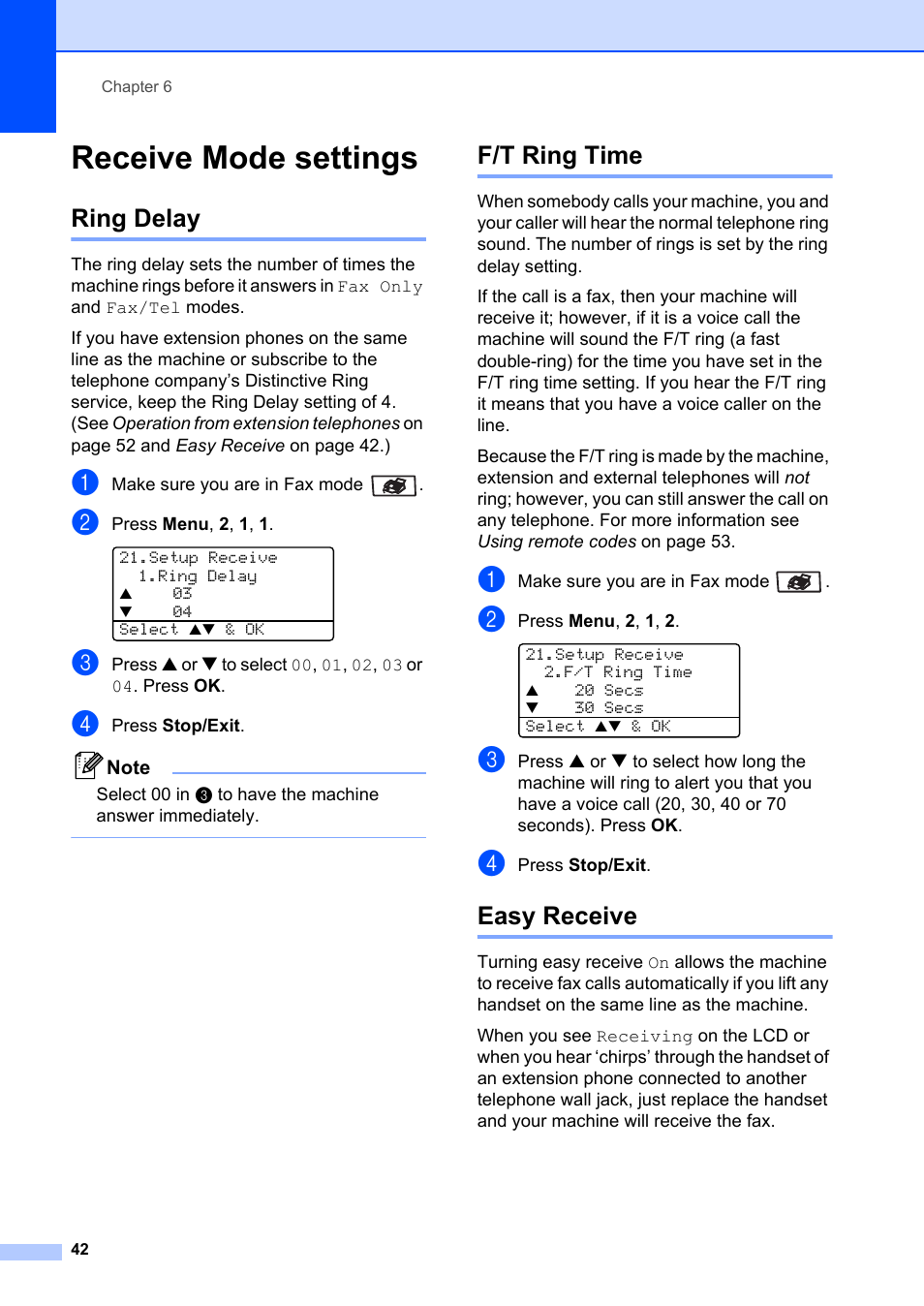 Receive mode settings, Ring delay, F/t ring time | Easy receive, Ring delay f/t ring time easy receive, Ge 42 | Brother MFC-8660DN User Manual | Page 56 / 196