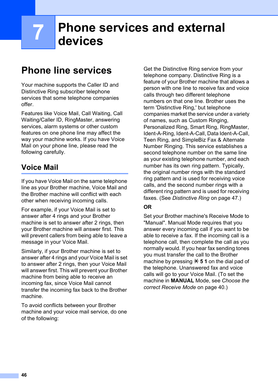 7 phone services and external devices, Phone line services, Voice mail | Phone services and external devices | Brother MFC-8660DN User Manual | Page 60 / 196