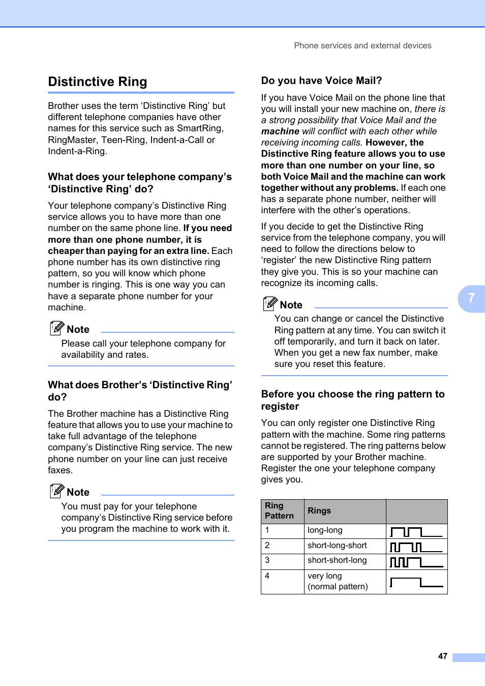 Distinctive ring, What does brother’s ‘distinctive ring’ do, Do you have voice mail | Before you choose the ring pattern to register, 7distinctive ring | Brother MFC-8660DN User Manual | Page 61 / 196