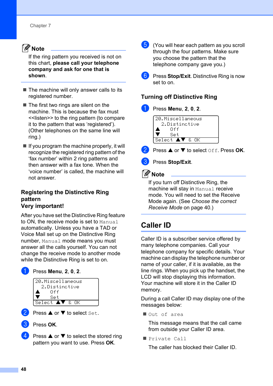 Turning off distinctive ring, Caller id | Brother MFC-8660DN User Manual | Page 62 / 196