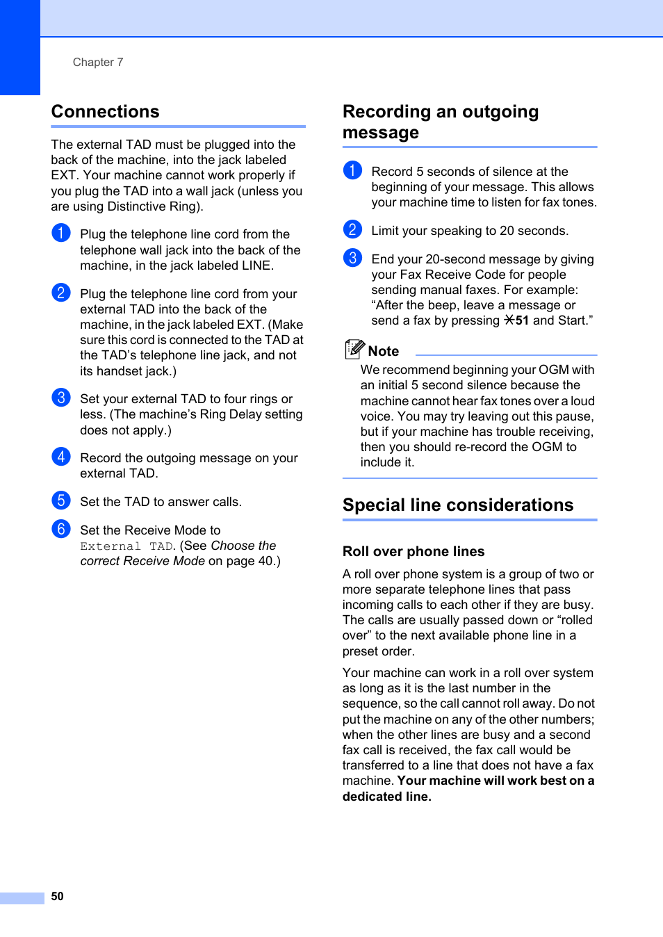 Connections, Recording an outgoing message, Special line considerations | Roll over phone lines | Brother MFC-8660DN User Manual | Page 64 / 196