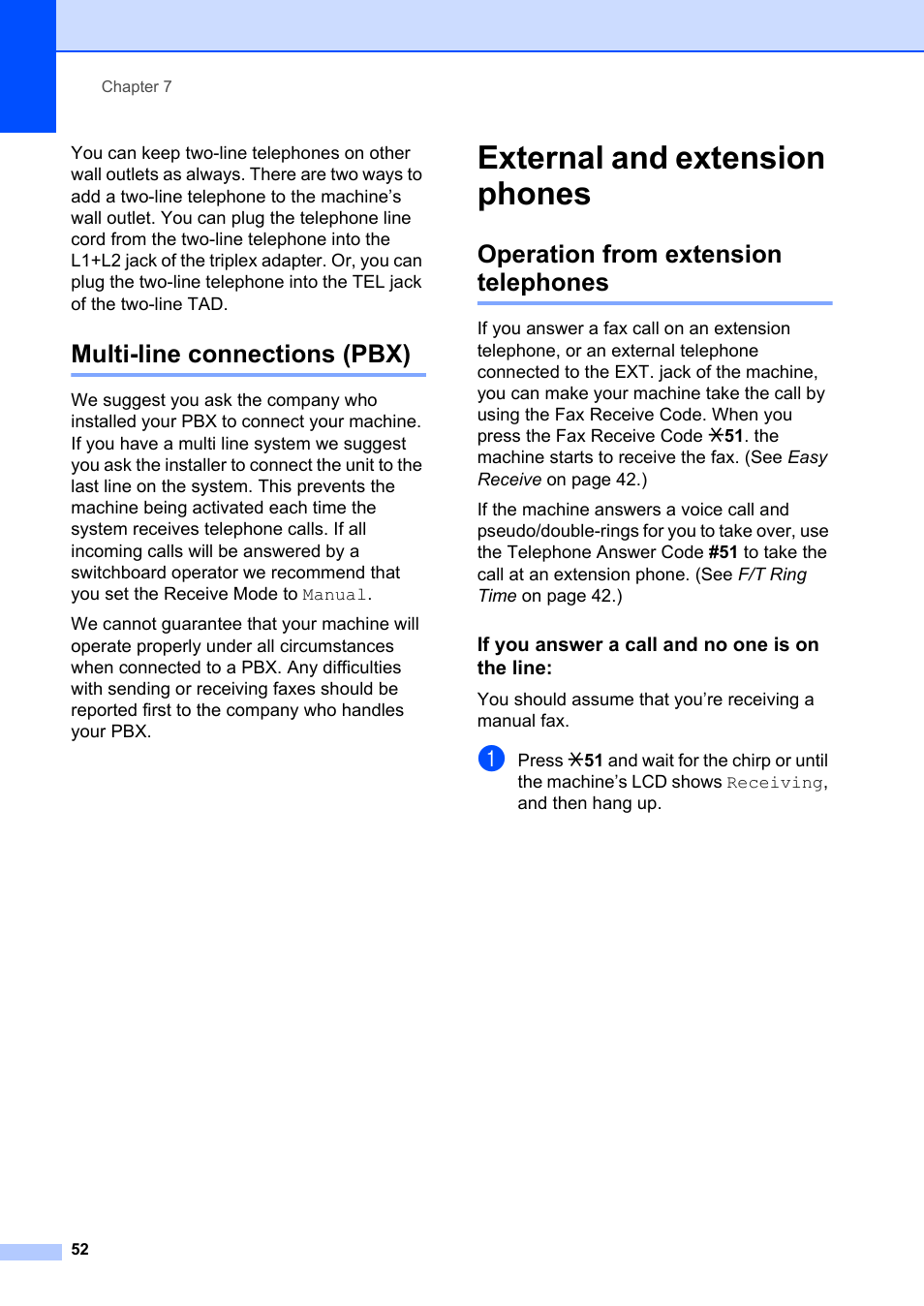 Multi-line connections (pbx), External and extension phones, Operation from extension telephones | If you answer a call and no one is on the line | Brother MFC-8660DN User Manual | Page 66 / 196