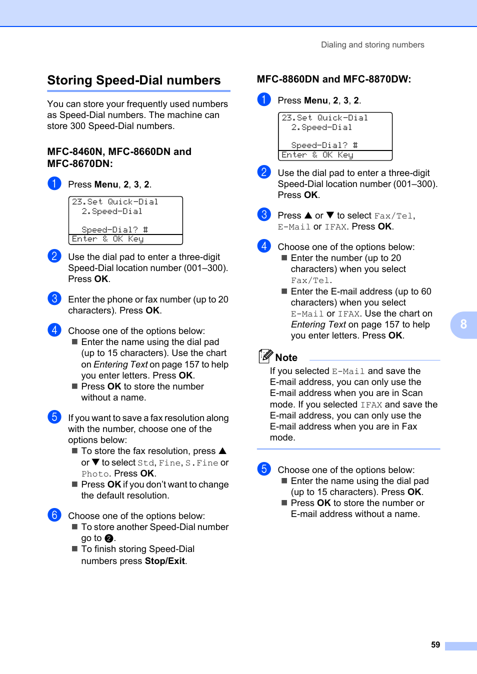 Storing speed-dial numbers, Mfc-8460n, mfc-8660dn and mfc-8670dn, Mfc-8860dn and mfc-8870dw | 8storing speed-dial numbers | Brother MFC-8660DN User Manual | Page 73 / 196