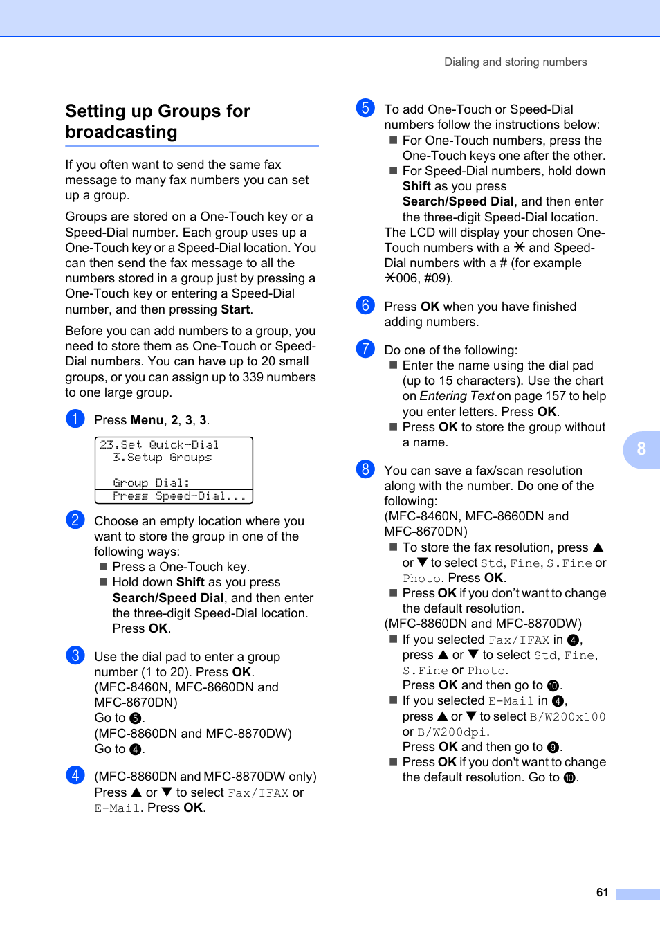 Setting up groups for broadcasting, 8setting up groups for broadcasting | Brother MFC-8660DN User Manual | Page 75 / 196