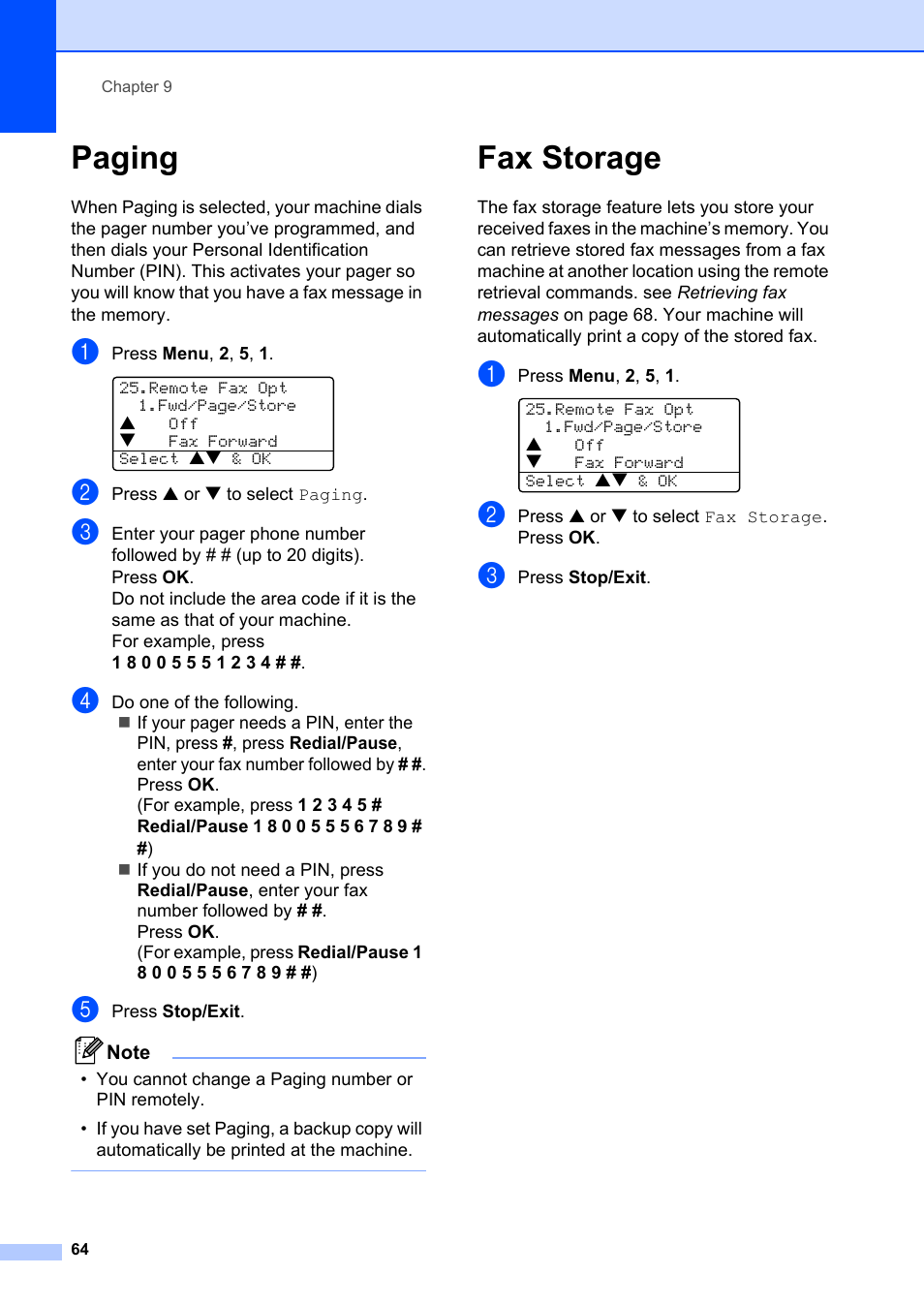 Paging, Fax storage, Paging fax storage | Brother MFC-8660DN User Manual | Page 78 / 196