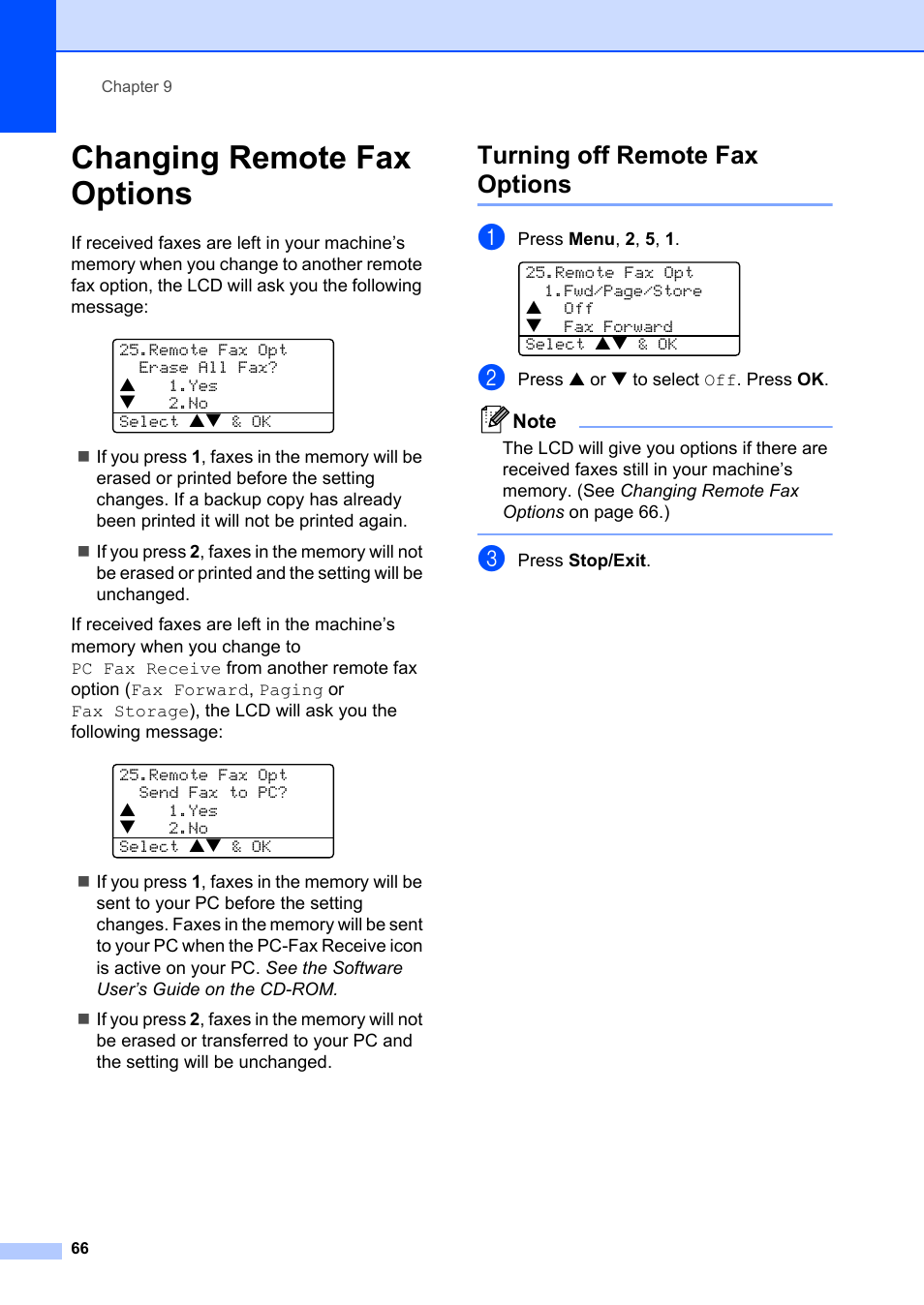 Changing remote fax options, Turning off remote fax options | Brother MFC-8660DN User Manual | Page 80 / 196