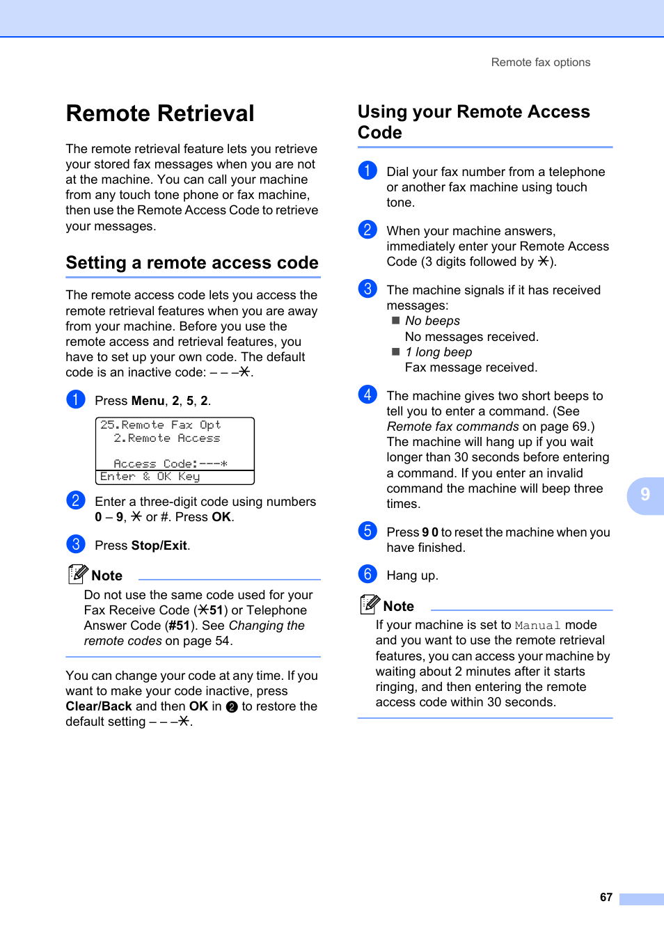 Remote retrieval, Setting a remote access code, Using your remote access code | Brother MFC-8660DN User Manual | Page 81 / 196