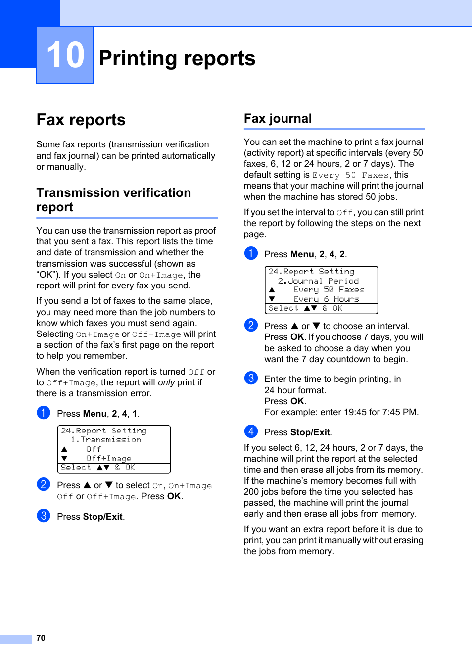 10 printing reports, Fax reports, Transmission verification report | Fax journal, Printing reports, Transmission verification report fax journal | Brother MFC-8660DN User Manual | Page 84 / 196