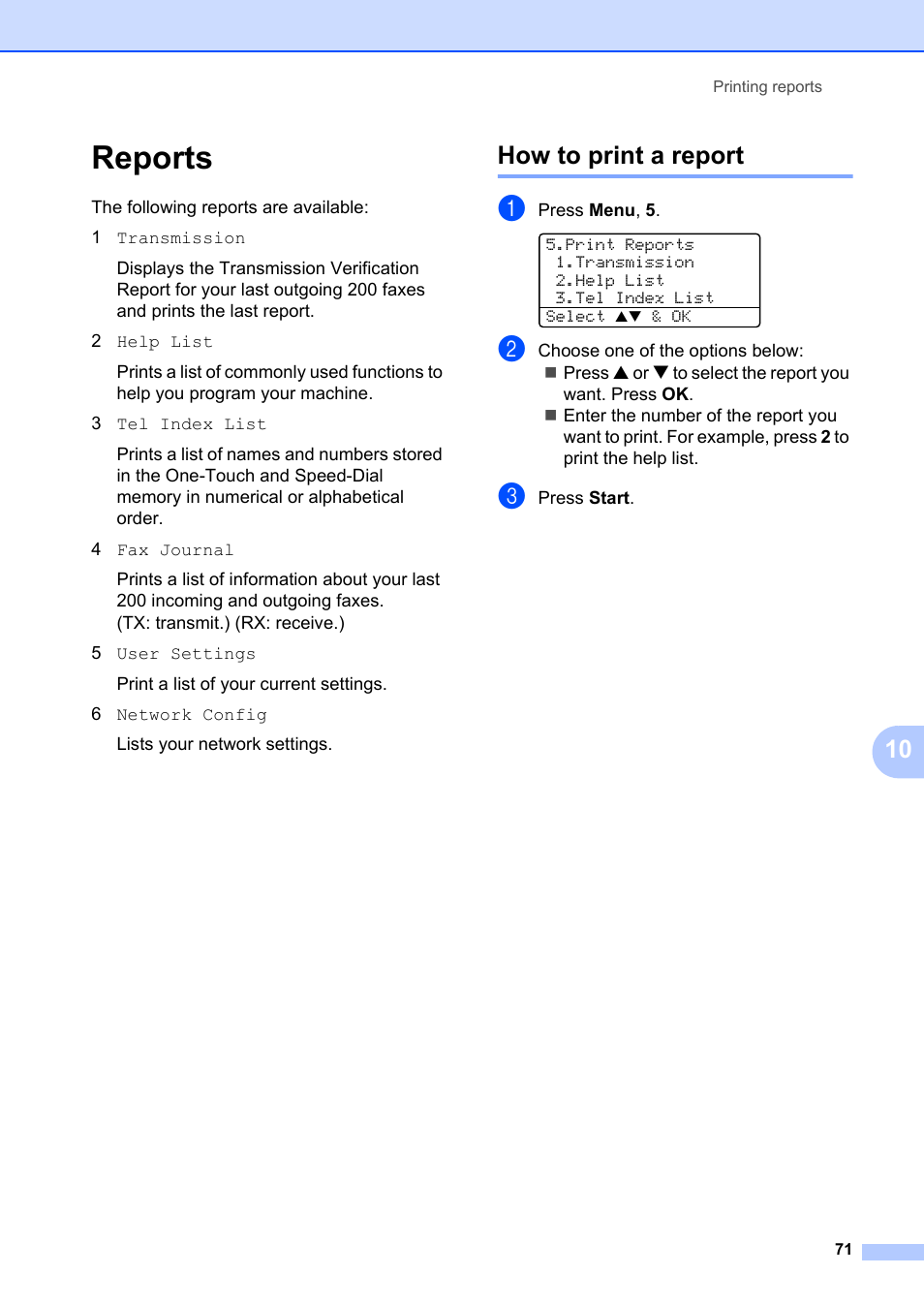 Reports, How to print a report | Brother MFC-8660DN User Manual | Page 85 / 196