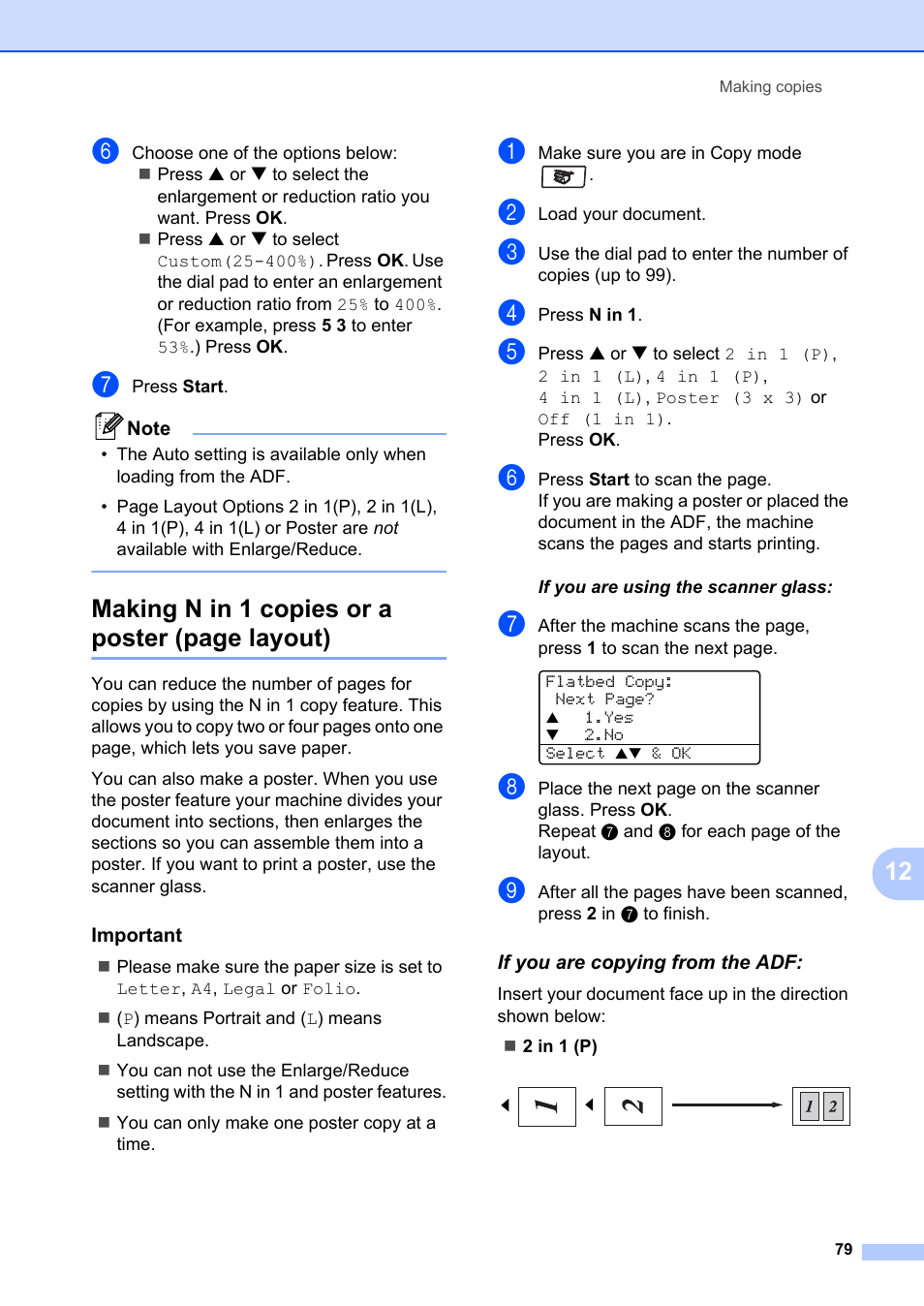 Important, If you are copying from the adf, Making n in 1 copies or a poster (page layout) | Brother MFC-8660DN User Manual | Page 93 / 196