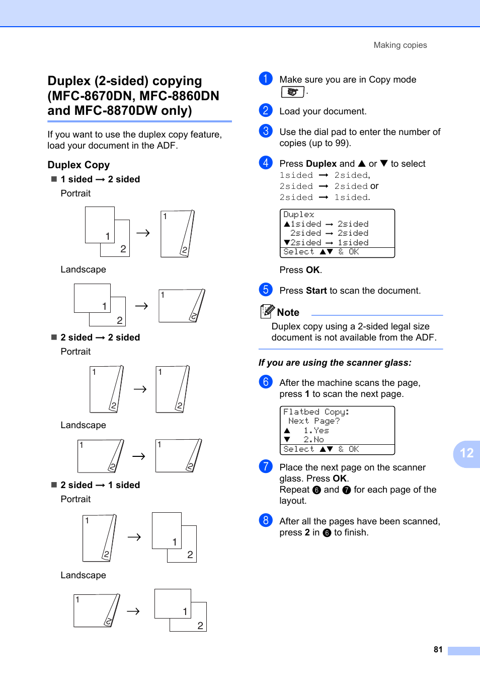 Duplex copy, Duplex (2-sided) copying, Mfc-8670dn, mfc-8860dn and mfc-8870dw only) | Brother MFC-8660DN User Manual | Page 95 / 196