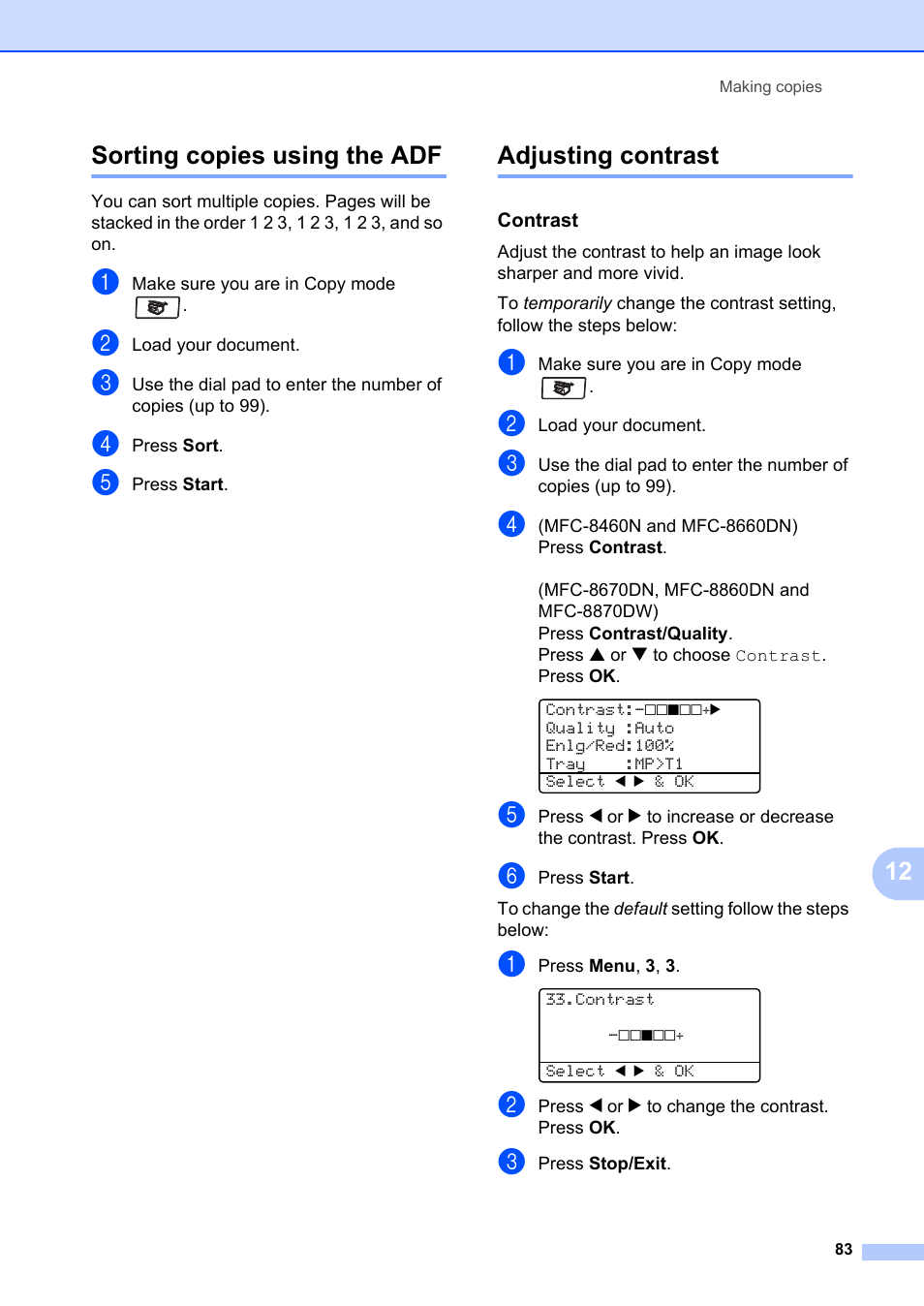 Sorting copies using the adf, Adjusting contrast, Contrast | Sorting copies using the adf adjusting contrast, 12 sorting copies using the adf | Brother MFC-8660DN User Manual | Page 97 / 196