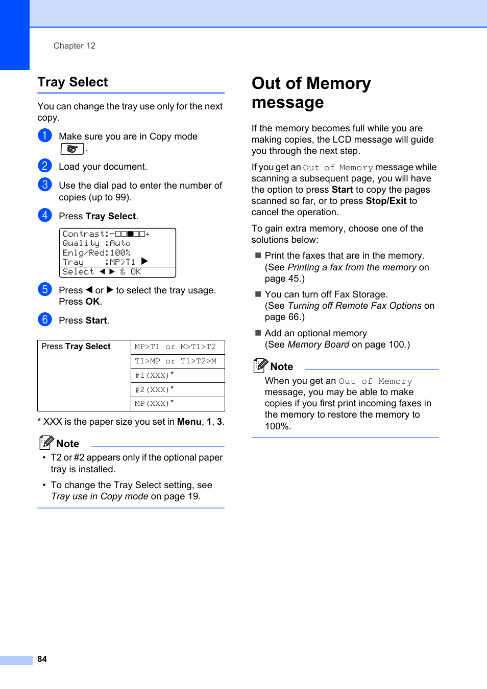 Tray select, Out of memory message | Brother MFC-8660DN User Manual | Page 98 / 196