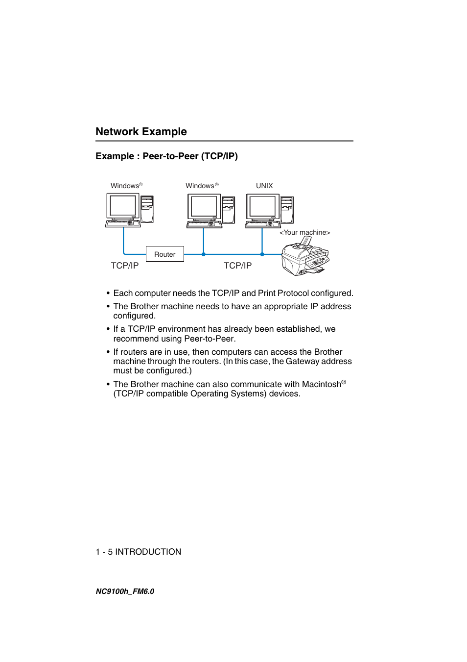 Network example, Example : peer-to-peer (tcp/ip), Network example -5 | Example : peer-to-peer (tcp/ip) -5 | Brother MFC 5840CN User Manual | Page 13 / 71