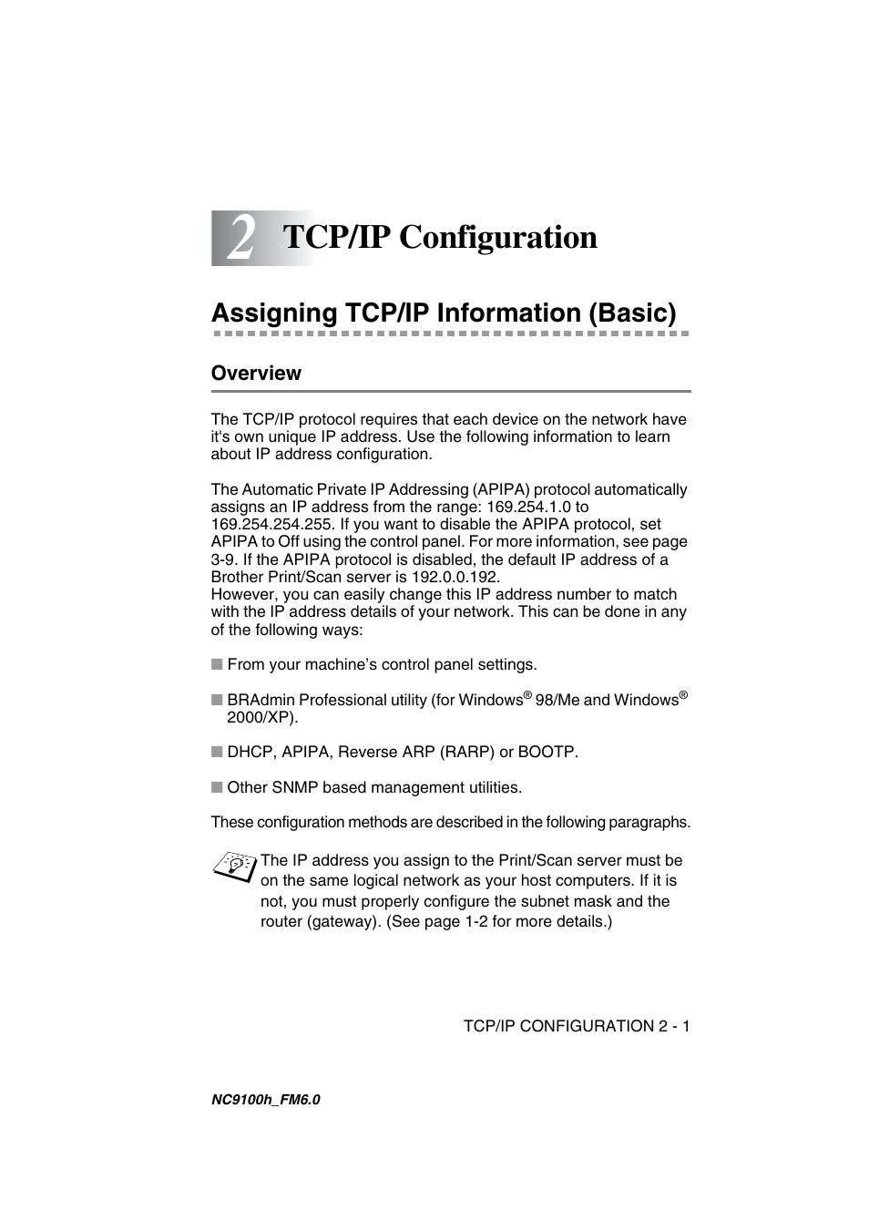 Tcp/ip configuration, Assigning tcp/ip information (basic), Overview | Tcp/ip configuration -1, Assigning tcp/ip information (basic) -1, Overview -1 | Brother MFC 5840CN User Manual | Page 16 / 71