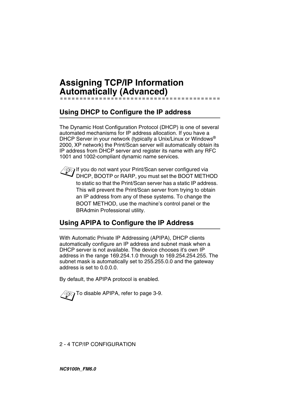 Using dhcp to configure the ip address, Using apipa to configure the ip address | Brother MFC 5840CN User Manual | Page 19 / 71