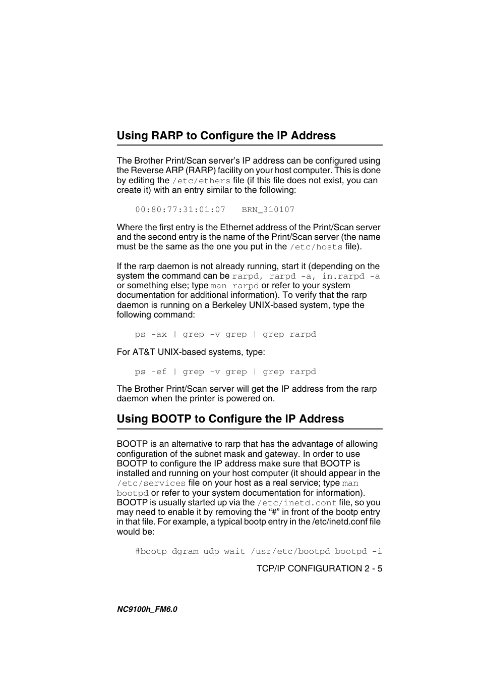 Using rarp to configure the ip address, Using bootp to configure the ip address | Brother MFC 5840CN User Manual | Page 20 / 71