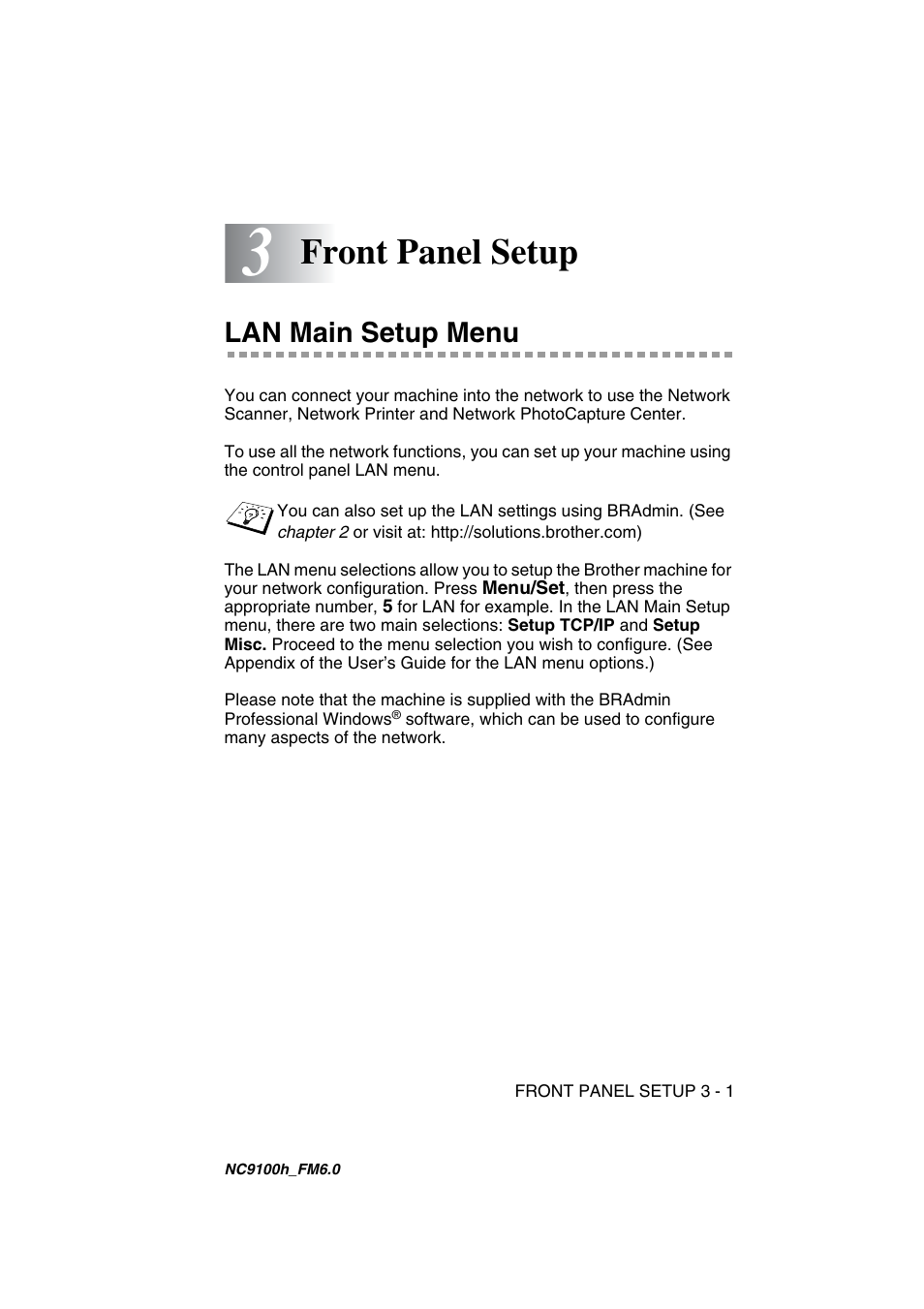 Front panel setup, Lan main setup menu, Front panel setup -1 | Lan main setup menu -1 | Brother MFC 5840CN User Manual | Page 22 / 71