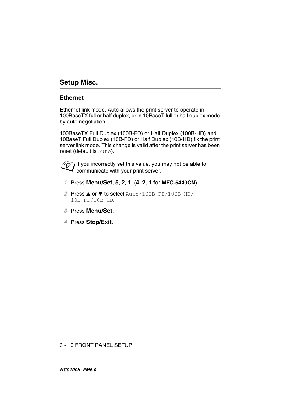 Setup misc, Ethernet, Setup misc -10 | Ethernet -10 | Brother MFC 5840CN User Manual | Page 31 / 71