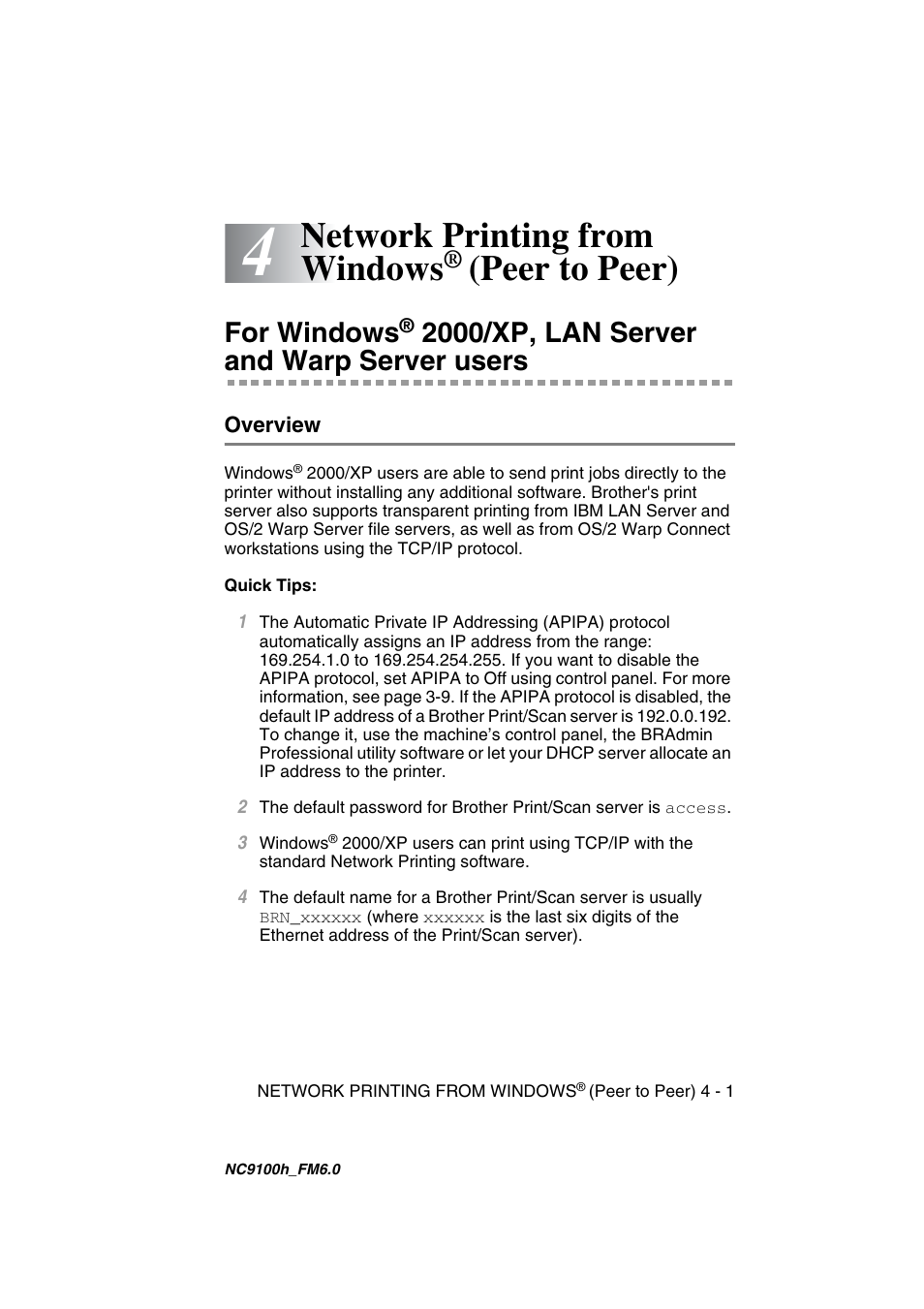 Network printing from windows® (peer to peer), Overview, Network printing from windows | For windows, Overview -1, Peer to peer), 2000/xp, lan server and warp server users | Brother MFC 5840CN User Manual | Page 34 / 71