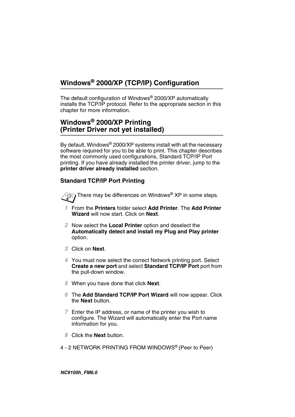Windows® 2000/xp (tcp/ip) configuration, Standard tcp/ip port printing, Windows | Standard tcp/ip port printing -2, 2000/xp (tcp/ip) configuration | Brother MFC 5840CN User Manual | Page 35 / 71