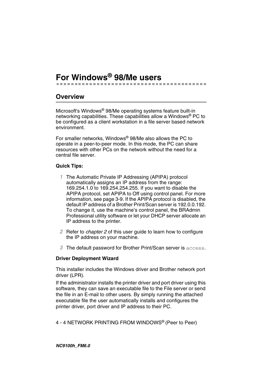 For windows® 98/me users, Overview, For windows | Overview -4, 98/me users | Brother MFC 5840CN User Manual | Page 37 / 71