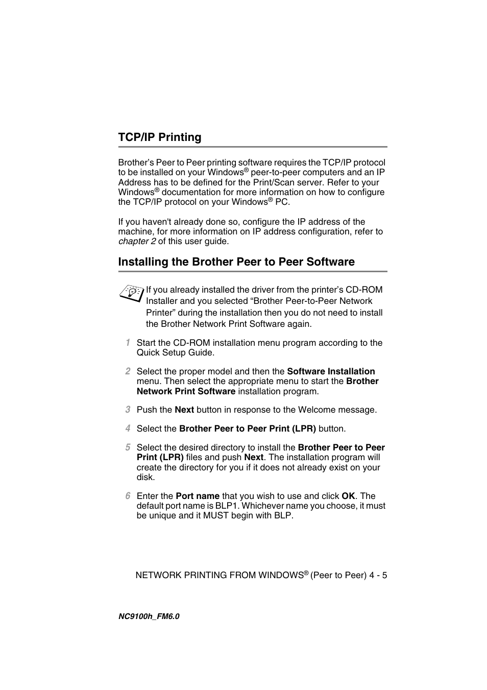 Tcp/ip printing, Installing the brother peer to peer software | Brother MFC 5840CN User Manual | Page 38 / 71