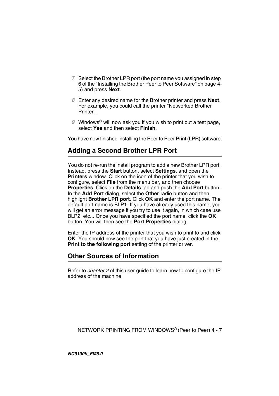 Adding a second brother lpr port, Other sources of information | Brother MFC 5840CN User Manual | Page 40 / 71
