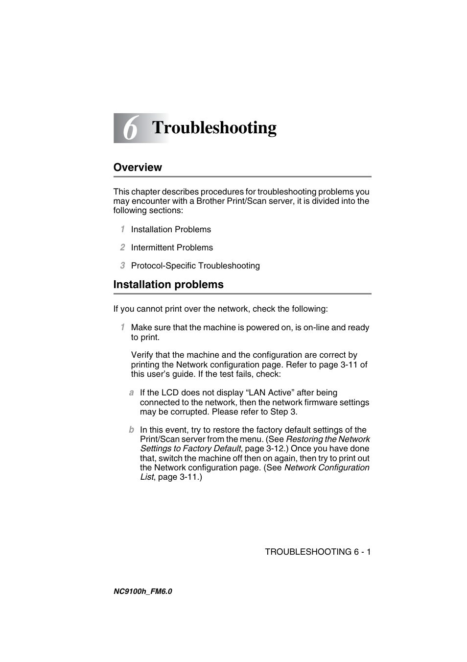 Troubleshooting, Overview, Installation problems | Troubleshooting -1, Overview -1 installation problems -1 | Brother MFC 5840CN User Manual | Page 44 / 71