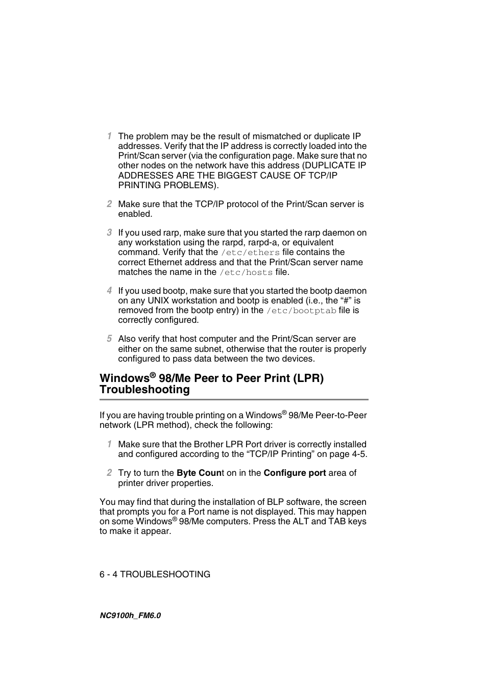 Windows, 98/me peer to peer print (lpr) troubleshooting | Brother MFC 5840CN User Manual | Page 47 / 71