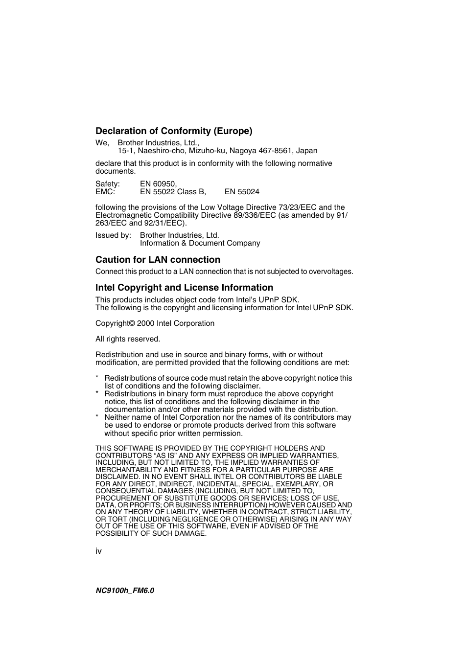 Declaration of conformity (europe), Caution for lan connection, Intel copyright and license information | Brother MFC 5840CN User Manual | Page 5 / 71