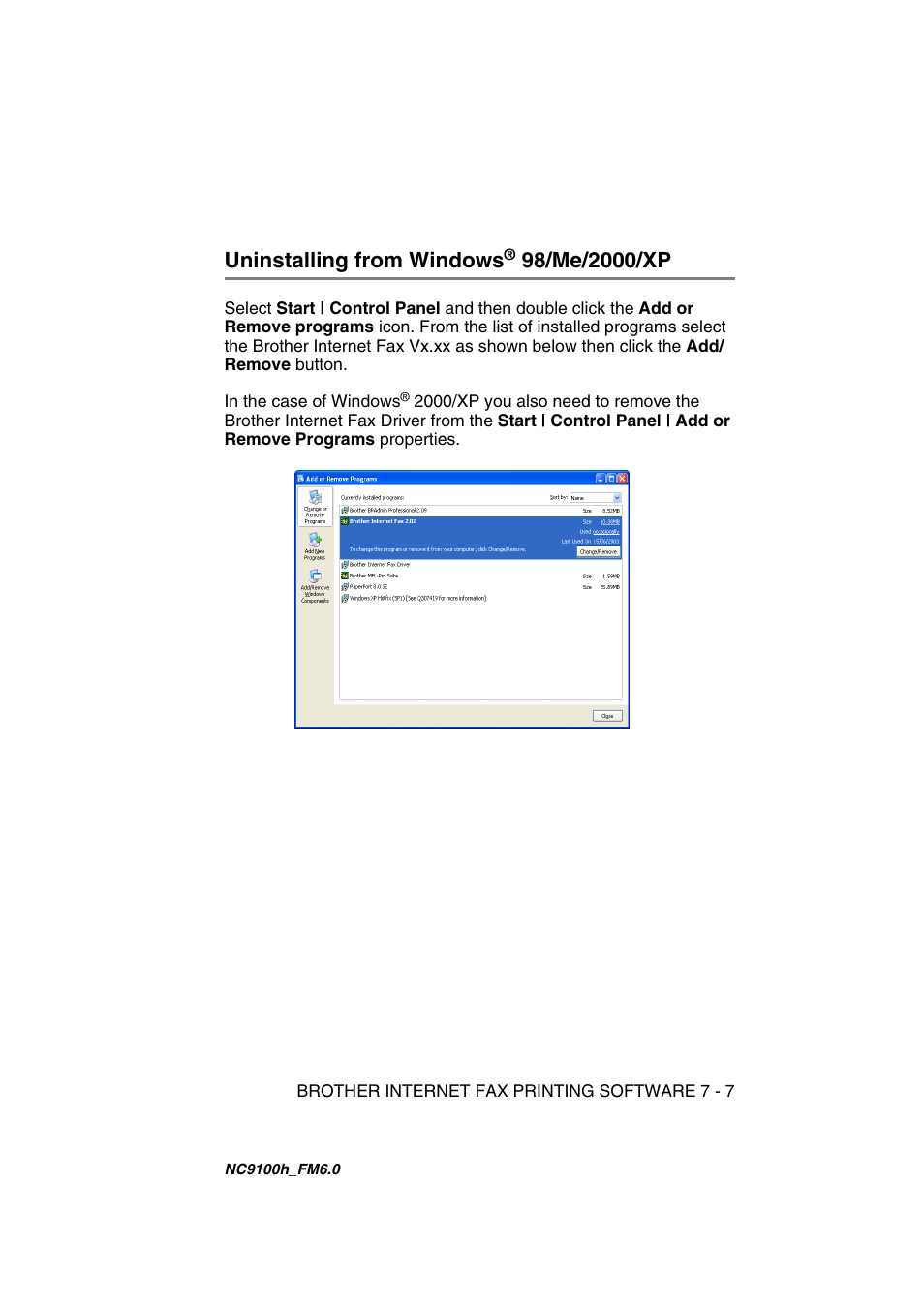 Uninstalling from windows® 98/me/2000/xp, Uninstalling from windows | Brother MFC 5840CN User Manual | Page 54 / 71