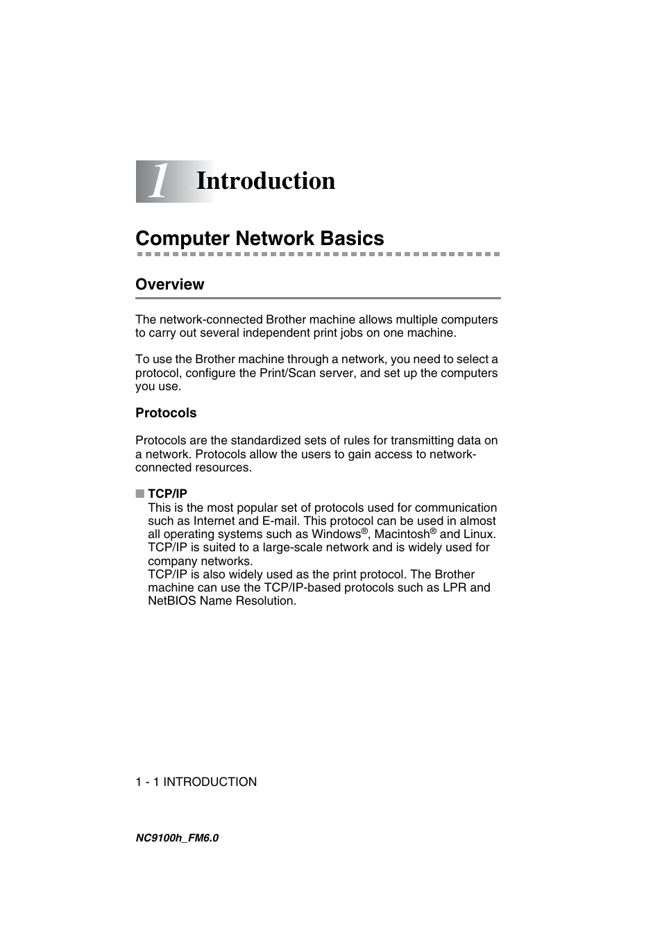 Introduction, Computer network basics, Overview | Protocols, Introduction -1, Computer network basics -1, Overview -1, Protocols -1 | Brother MFC 5840CN User Manual | Page 9 / 71