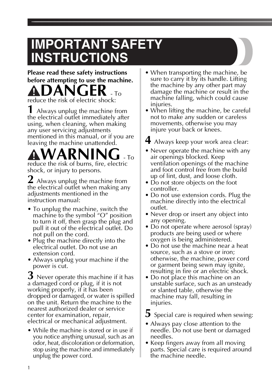 Danger, Warning, Important safety instructions | Brother XL2800 User Manual | Page 2 / 108