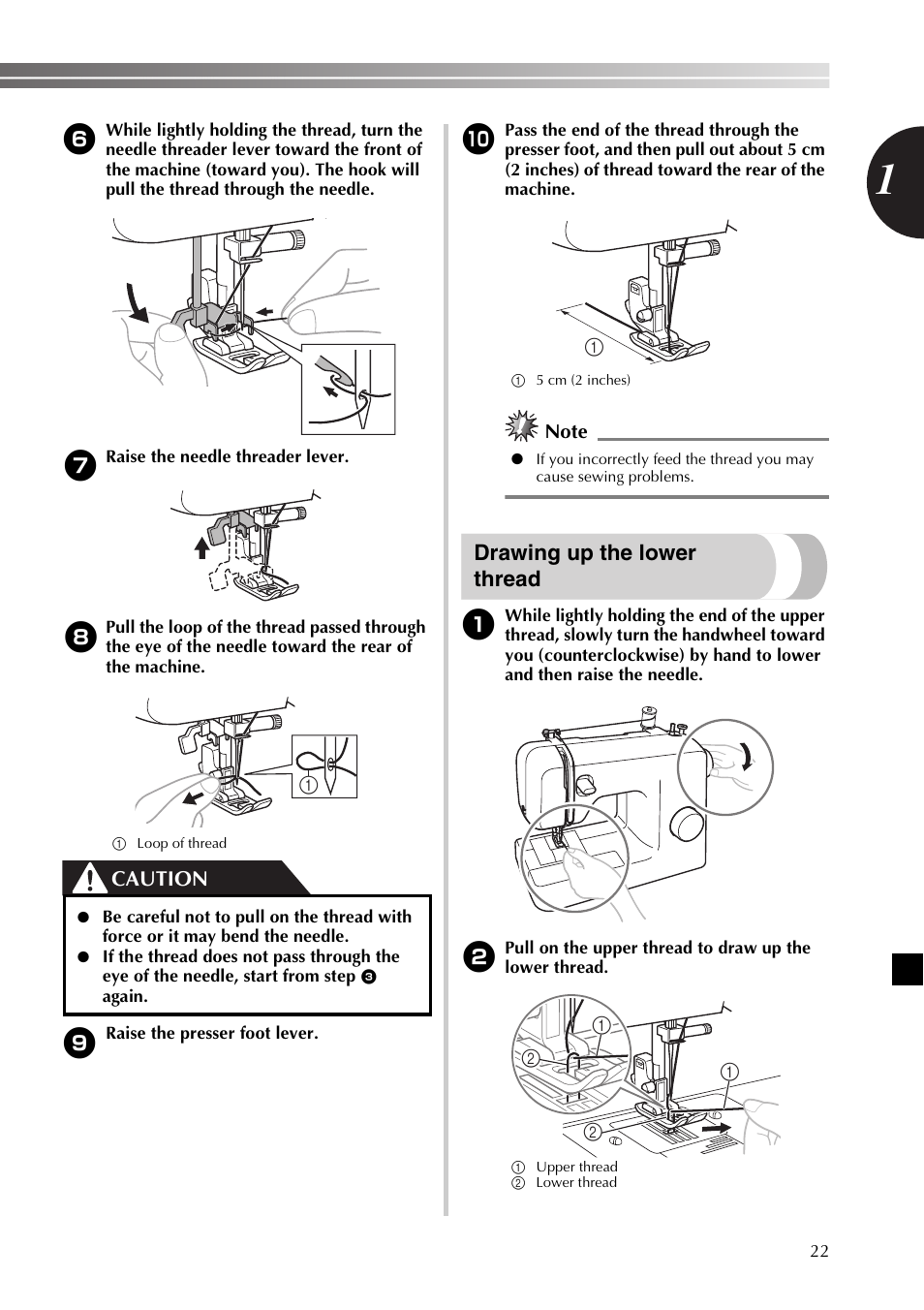 Drawing up the lower thread, Caution | Brother XL2800 User Manual | Page 23 / 108