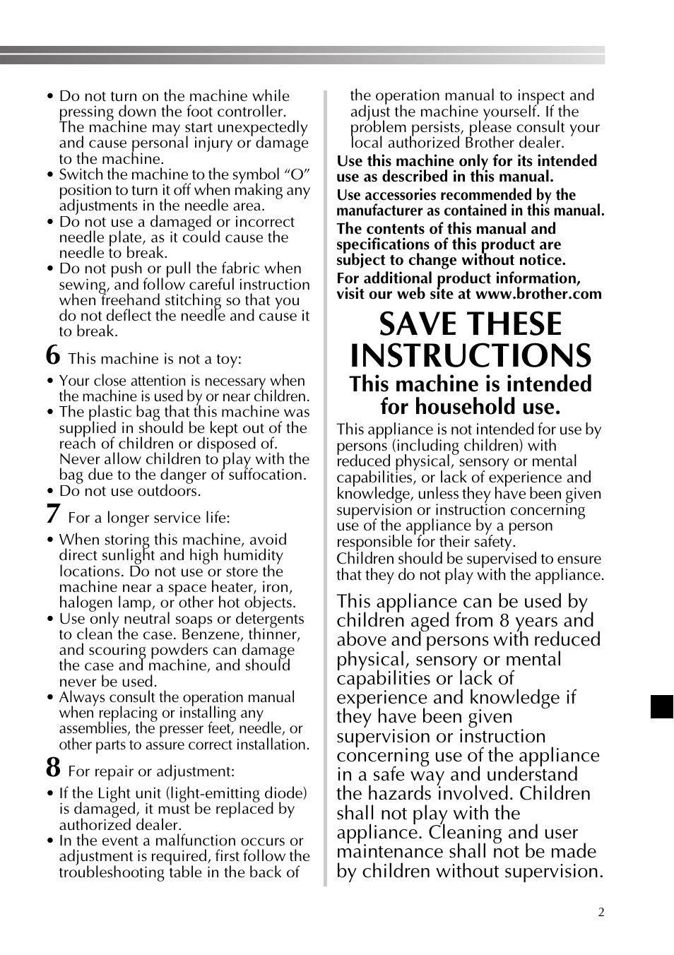 Save these instructions, This machine is intended for household use | Brother XL2800 User Manual | Page 3 / 108