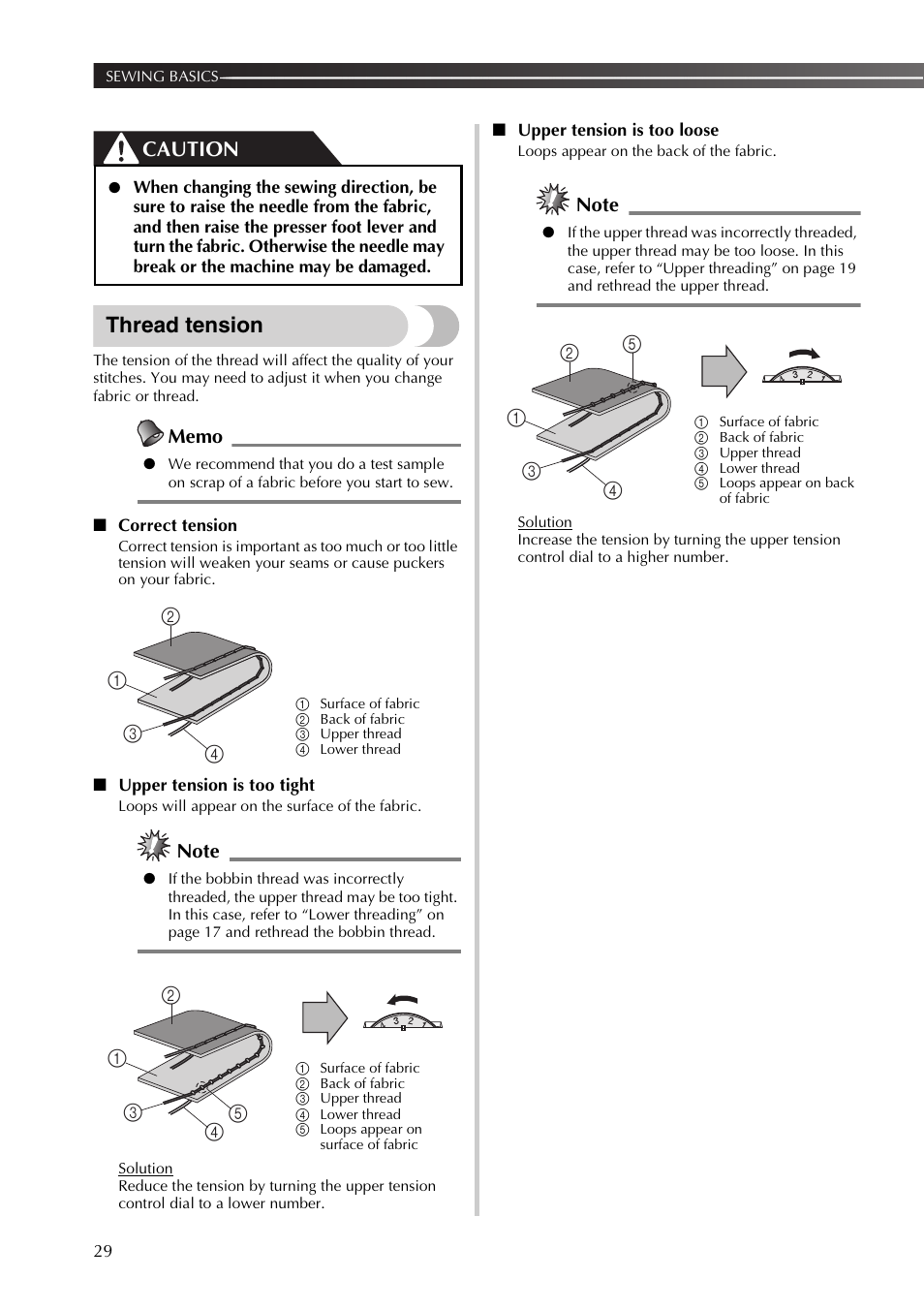 Thread tension, Caution | Brother XL2800 User Manual | Page 30 / 108