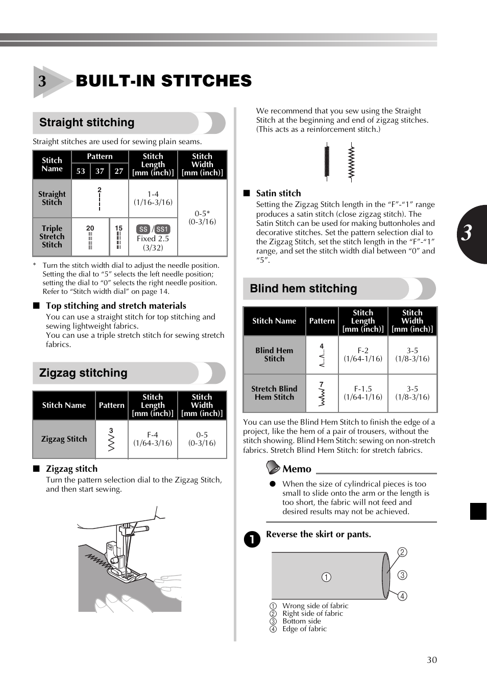 3built-in stitches, Straight stitching, Zigzag stitching | Blind hem stitching | Brother XL2800 User Manual | Page 31 / 108