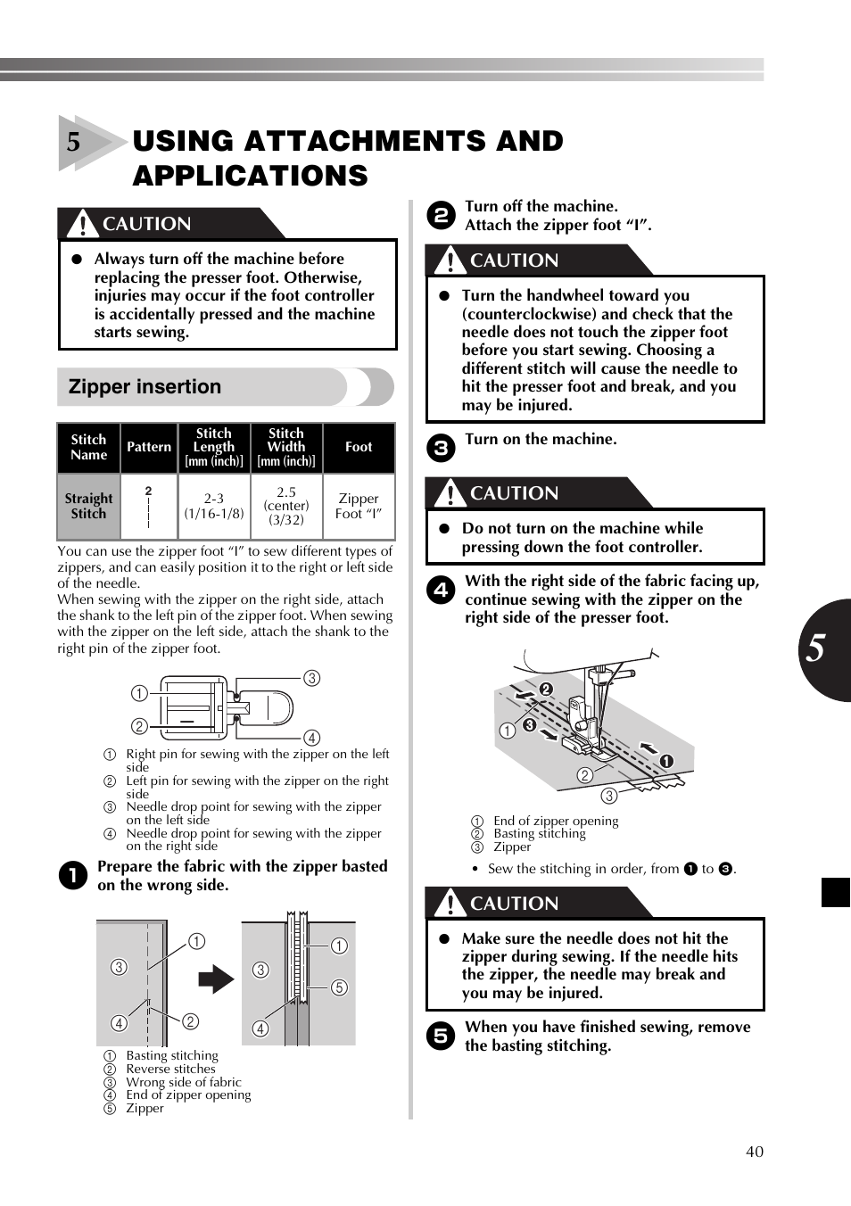 5using attachments and applications, Zipper insertion, Caution | Brother XL2800 User Manual | Page 41 / 108