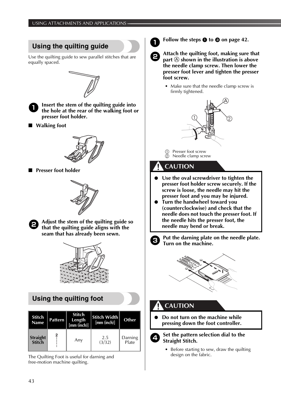 Using the quilting guide, Using the quilting foot, Caution | A1 2 | Brother XL2800 User Manual | Page 44 / 108