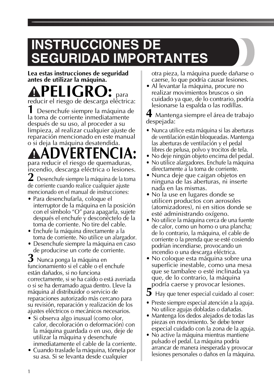 Peligro, Advertencia, Instrucciones de seguridad importantes | Para reducir el riesgo de descarga eléctrica | Brother XL2800 User Manual | Page 54 / 108