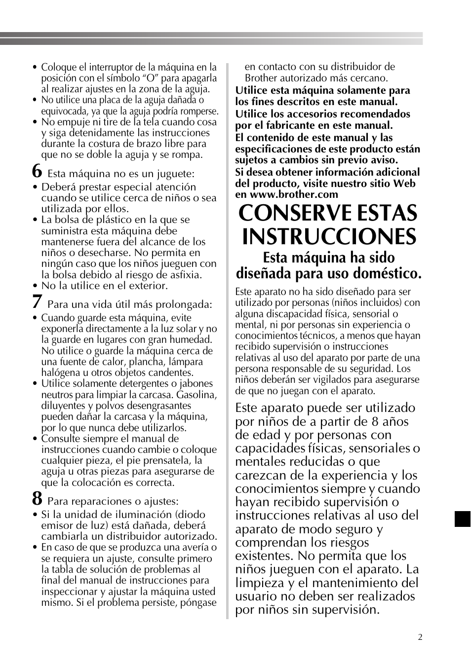 Conserve estas instrucciones, Esta máquina ha sido diseñada para uso doméstico | Brother XL2800 User Manual | Page 55 / 108