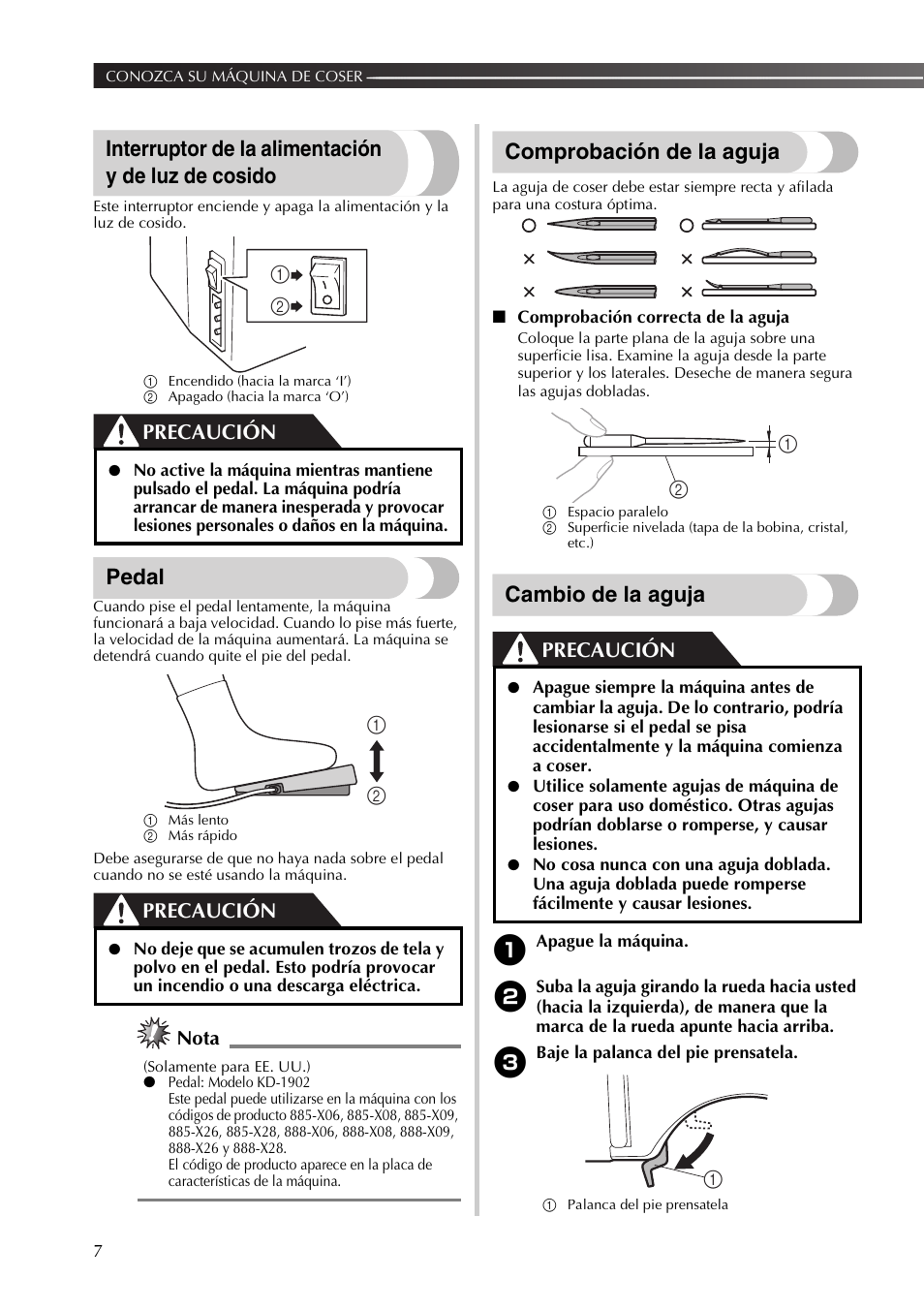 Interruptor de la alimentación y de luz de cosido, Pedal, Comprobación de la aguja | Cambio de la aguja, Precaución, Nota | Brother XL2800 User Manual | Page 60 / 108